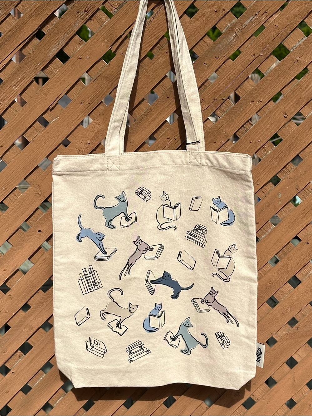 New Indigo Literary Cats Canvas Tote Bag 100% Organic Cotton